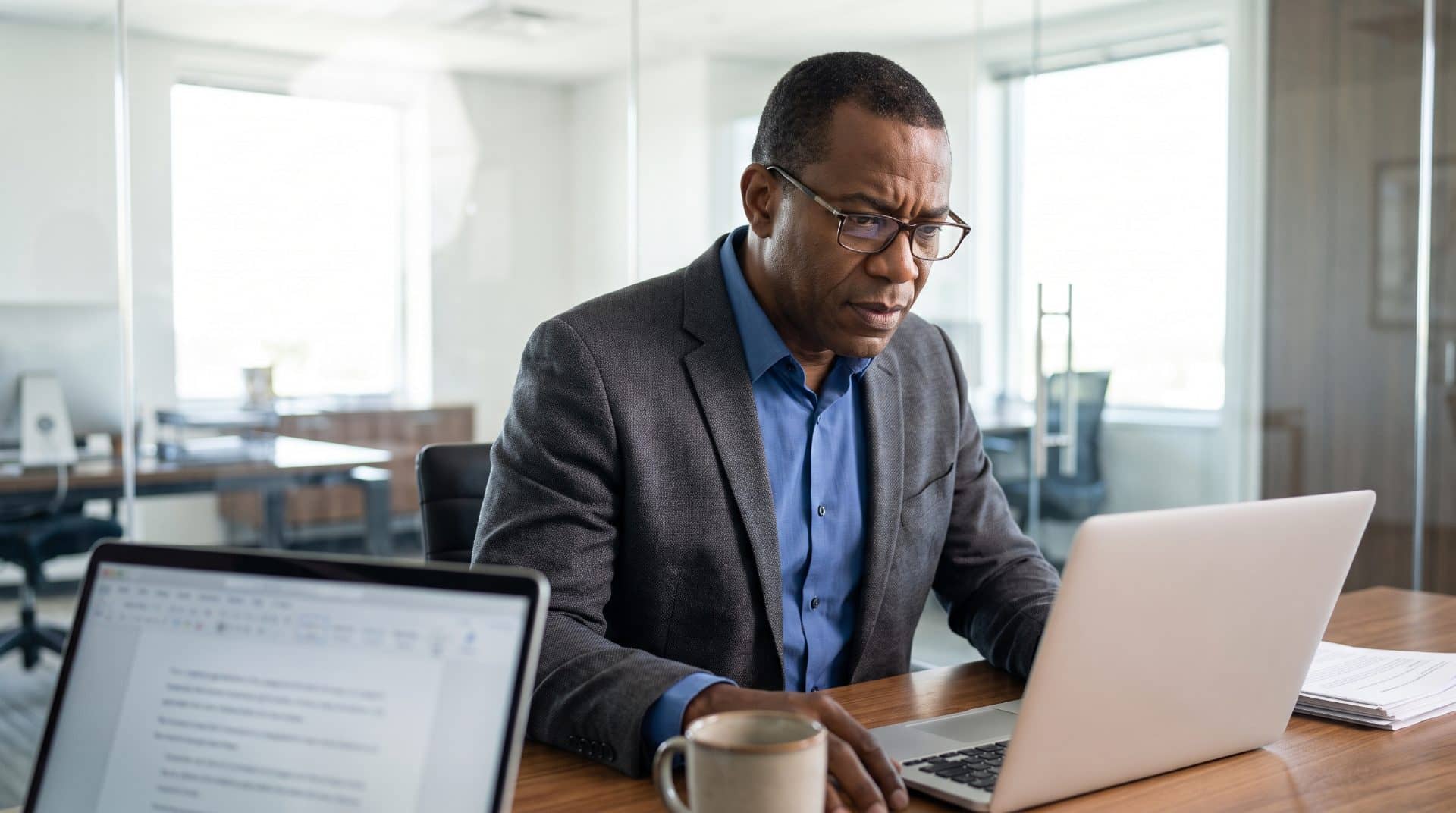 A law firm partner reviewing candidate profiles on a laptop.