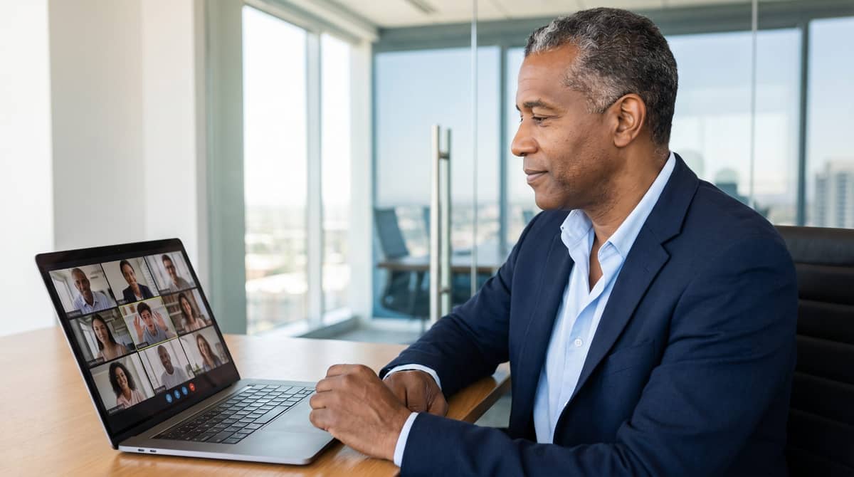 A man on a video call at a laptop in a glass-walled office, several participants visible in the on-screen grid.