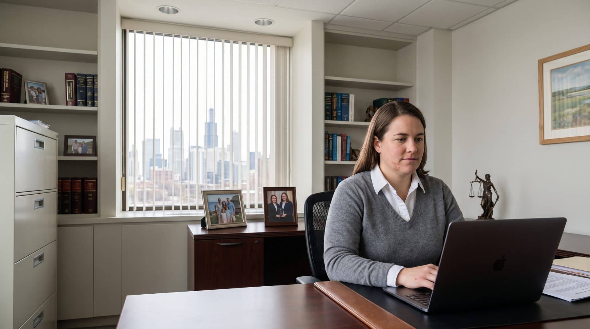 An American woman upright in her chair in an associate counsel's private office in a mid-sized Chicago law firm.
