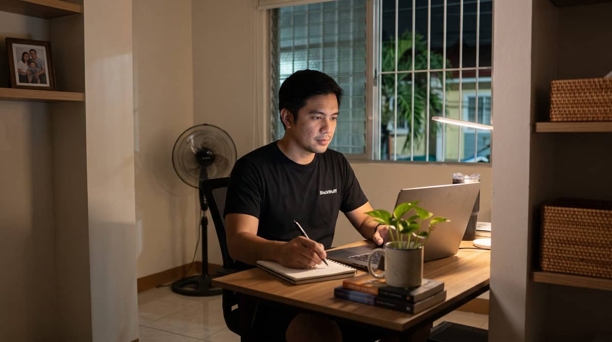A Filipino professional sits at a dedicated desk in a home office at night.
