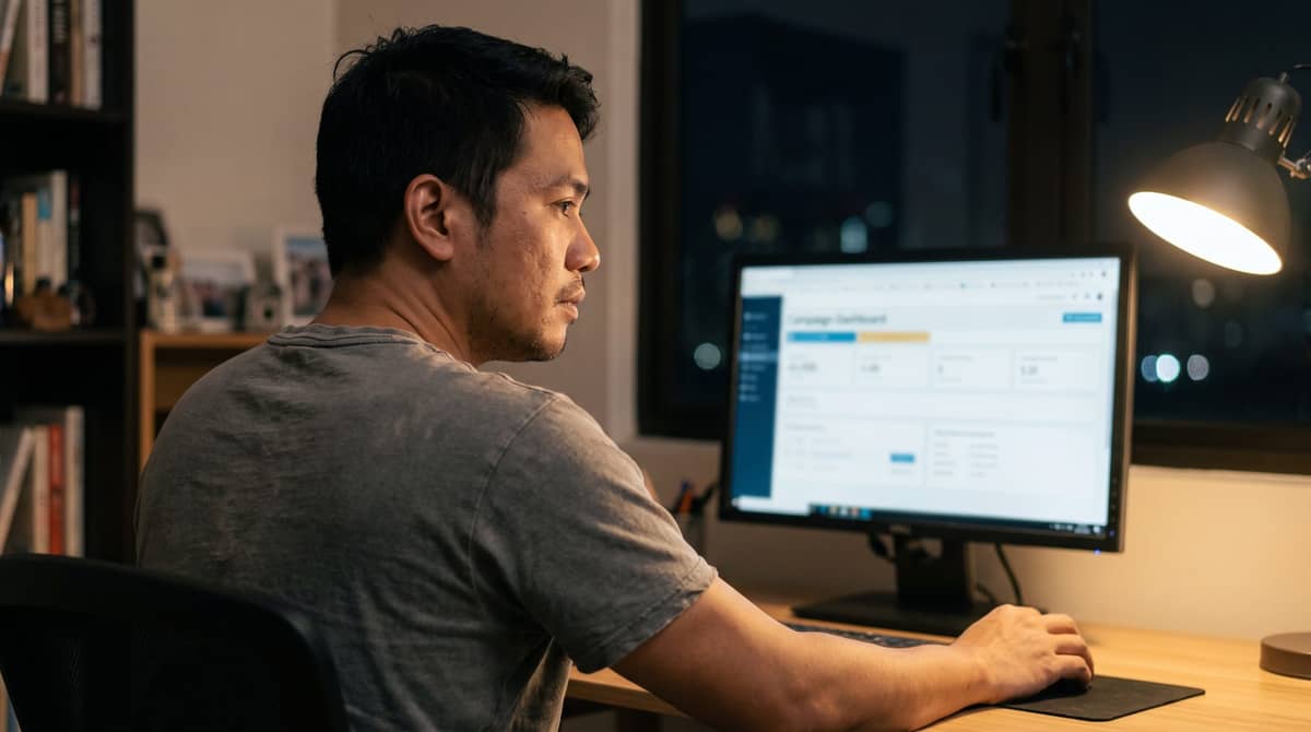 A PPC specialist at a home desk reviewing a campaign dashboard in the evening.