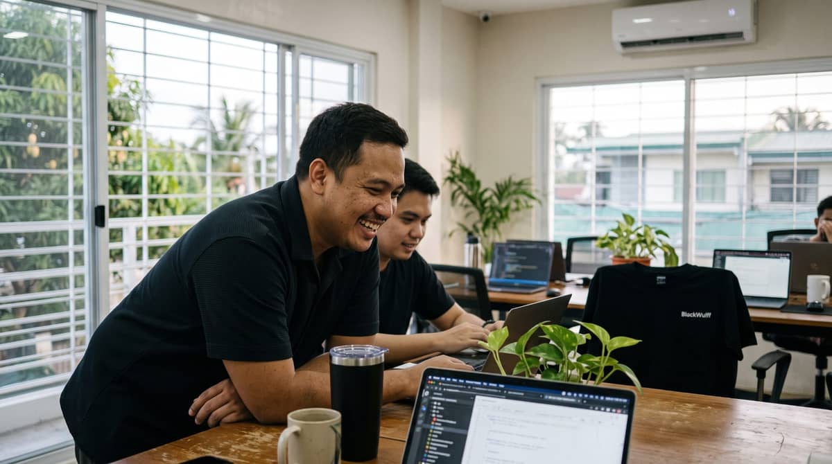 A Filipino professional works alone at a home office desk at night, monitors lit, an electric fan in the corner.