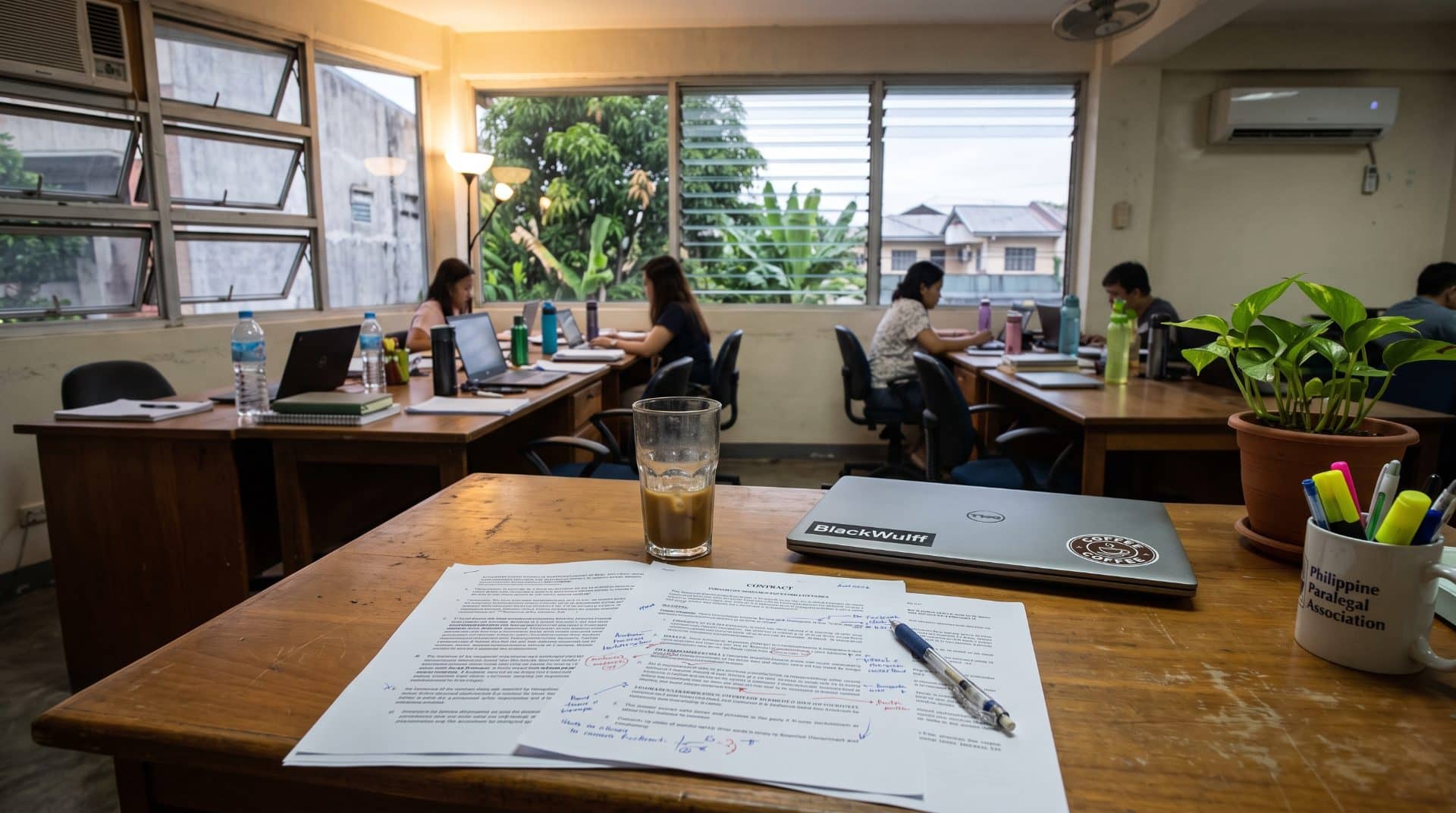 An empty desk with marked-up contracts and a cooling coffee mug in a shared office space.