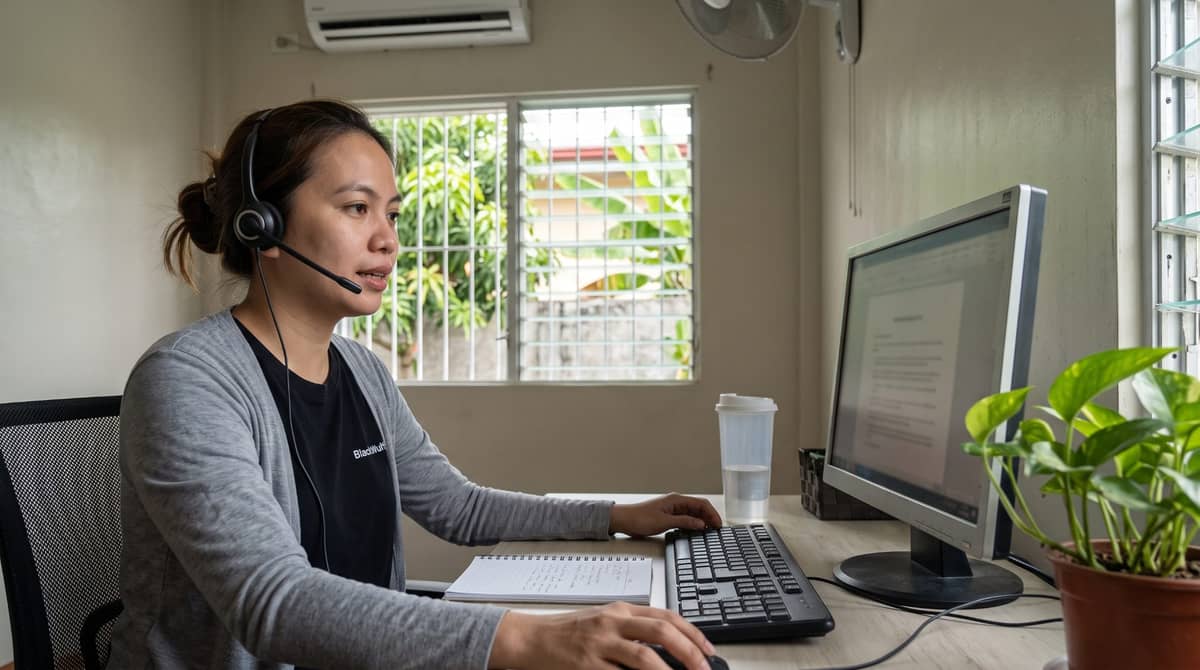 A Filipino legal intake specialist at a home desk on a headset call.