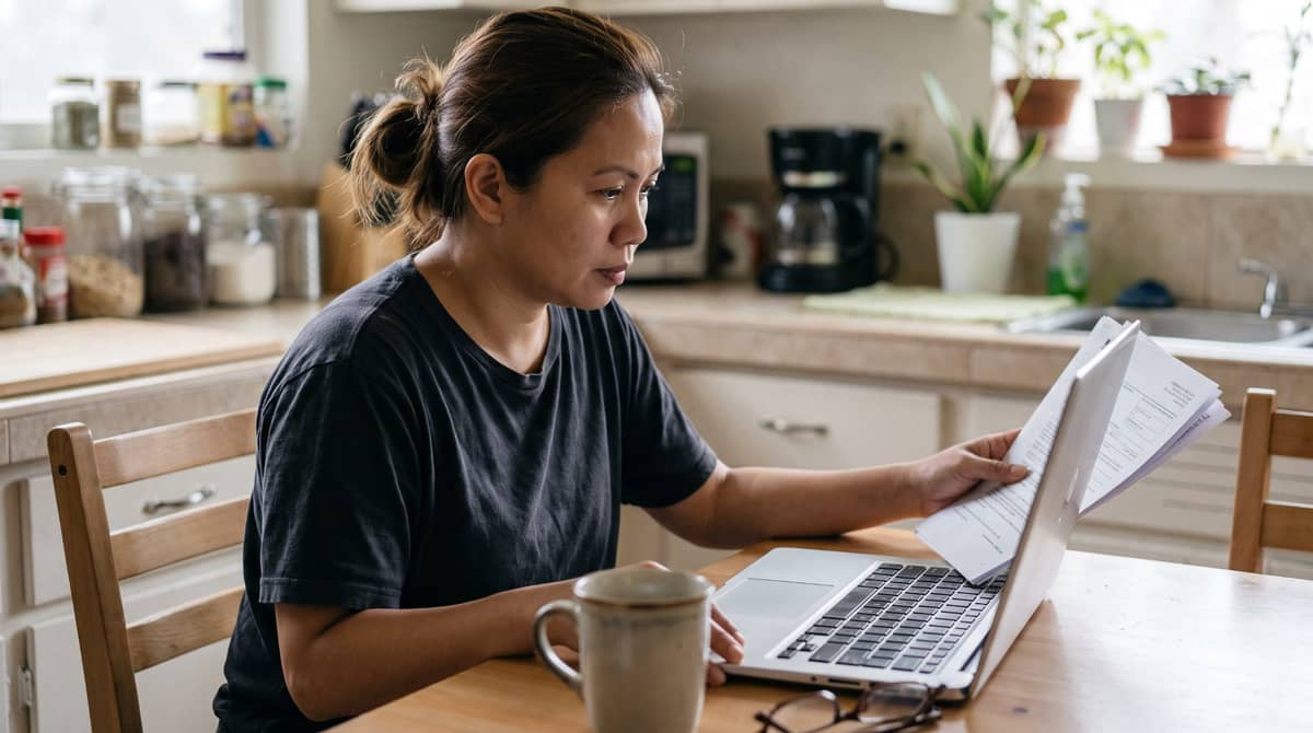 A Filipino professional in her thirties at a kitchen table with a single laptop and a printed document held beside the screen.