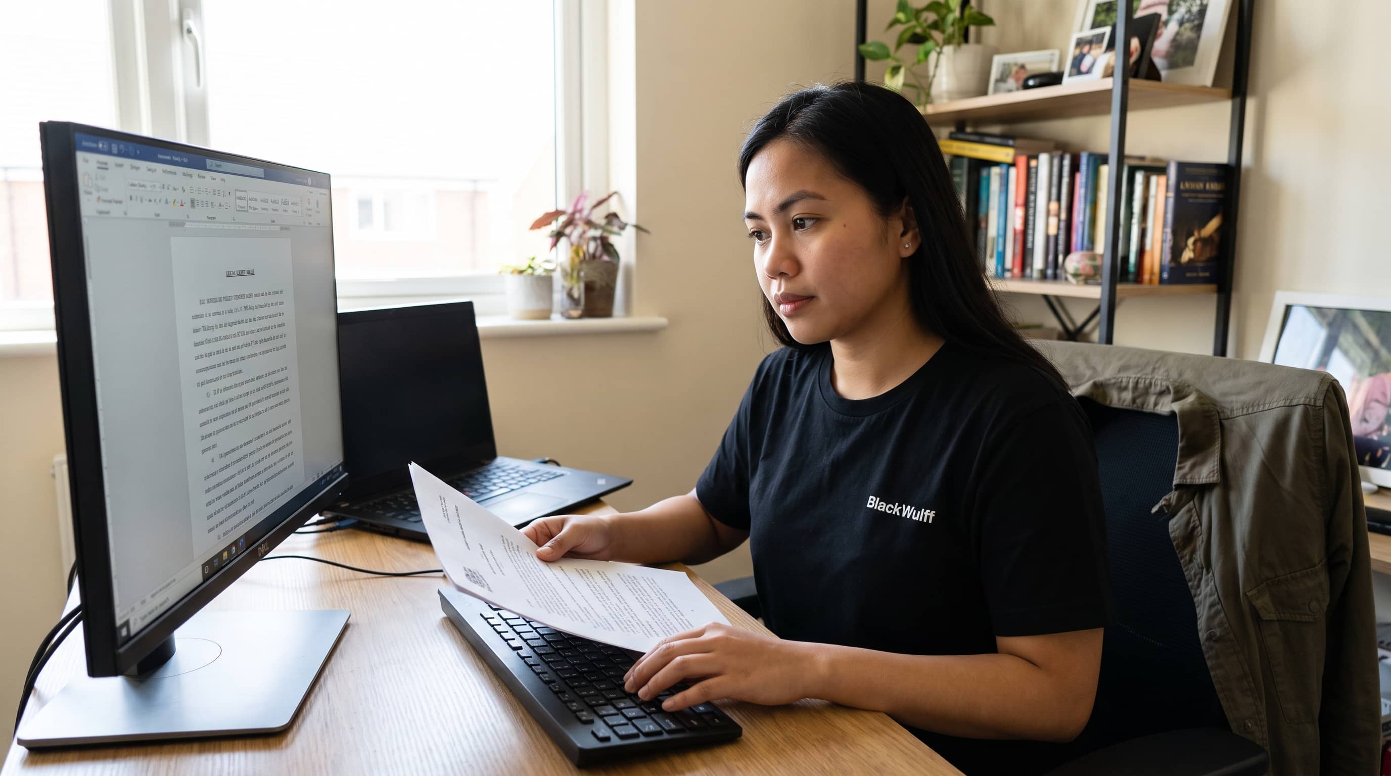 A remote Filipino legal assistant reviewing a printed document against a screen at a desk in a home office.