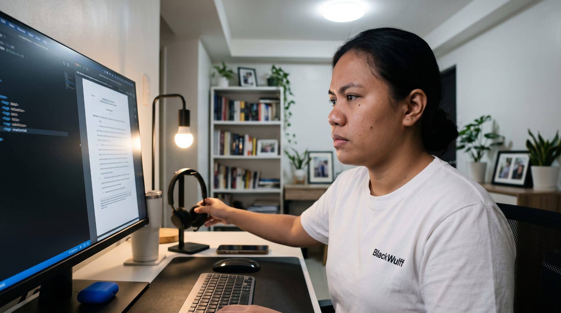 An offshore legal support specialist pausing over a document that fits none of the coding tags on her screen.