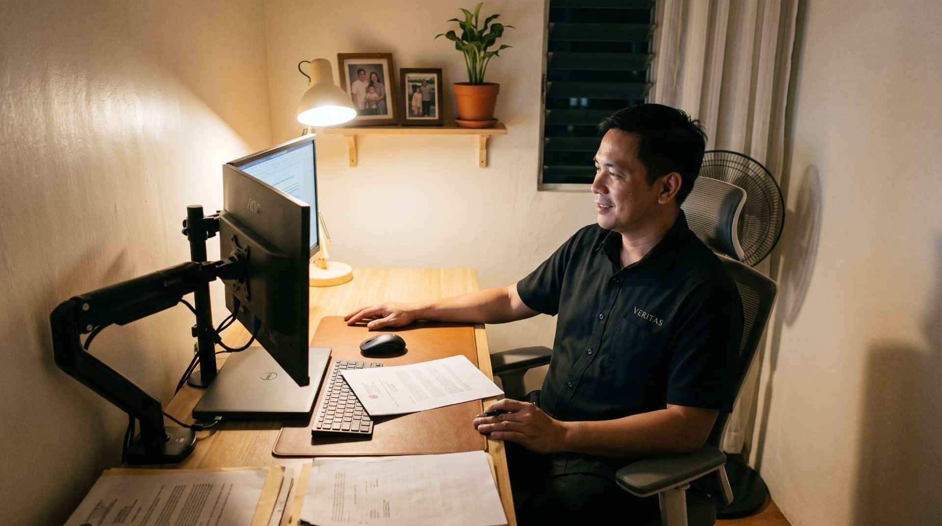 A Filipino man leaning back slightly in a chair in a narrow living room in Manila converted to workspace.