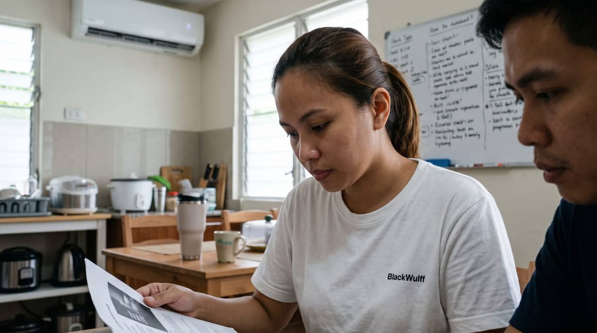 Two professionals review a document at a kitchen table, notes on a whiteboard behind them.