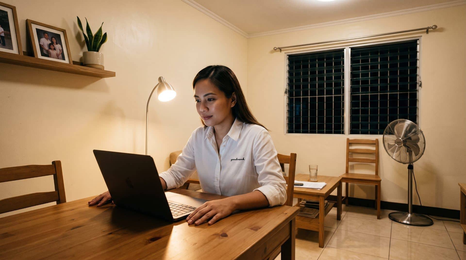 A Filipina woman leaning slightly forward in a modest dining room in Manila converted to workspace.