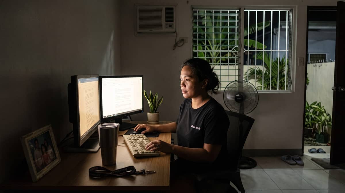 A Filipino legal professional works late at night at a home desk in Manila.
