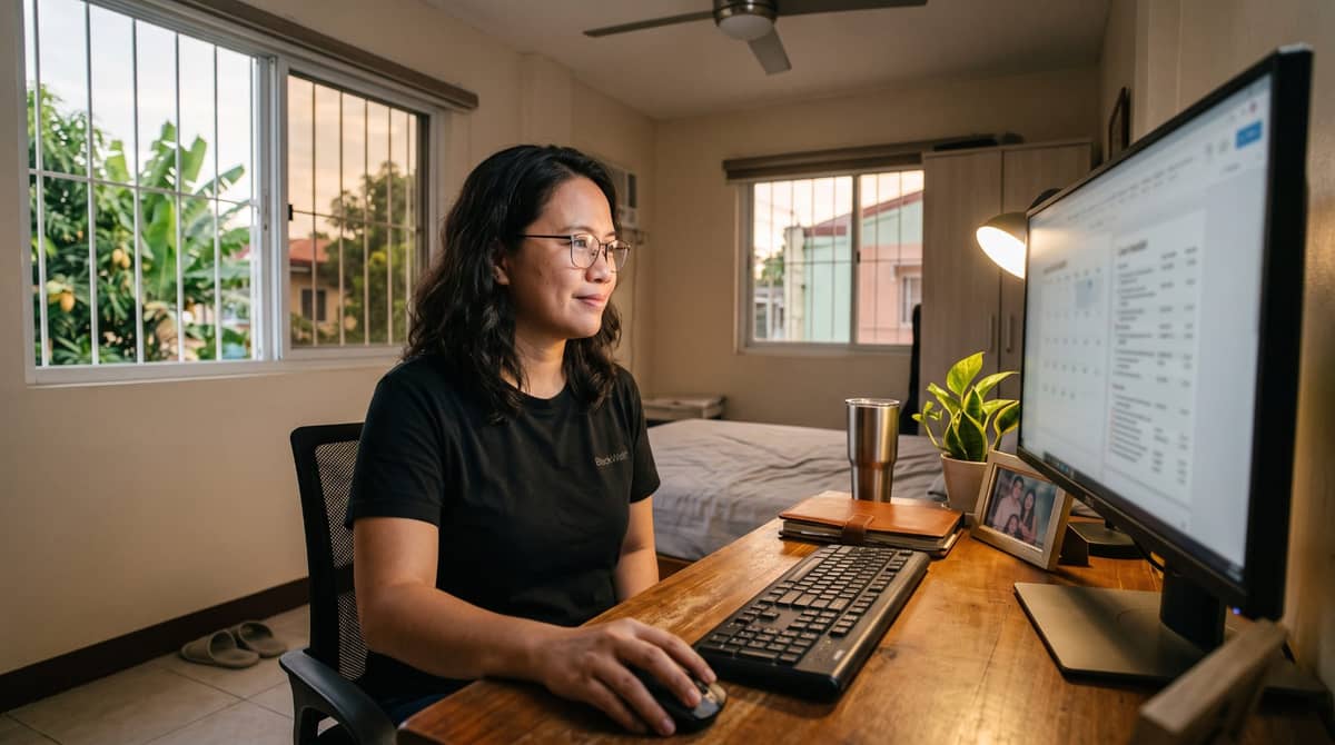 A Filipino legal virtual assistant at a single-monitor home desk in the early evening.
