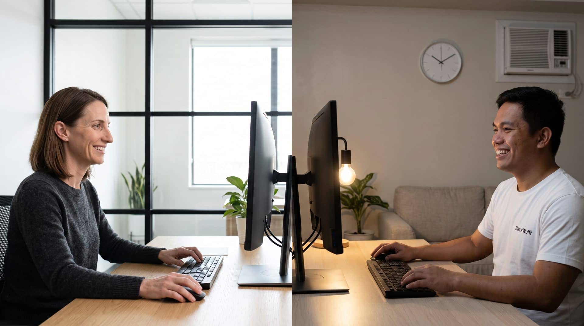 A firm administrator at their desk in a small private office with a closed door and a side chair, looking up from the screen.