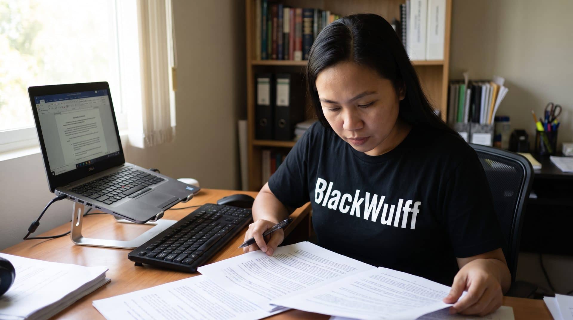 A remote Filipino paralegal reviewing a printed document at a desk in a home office.
