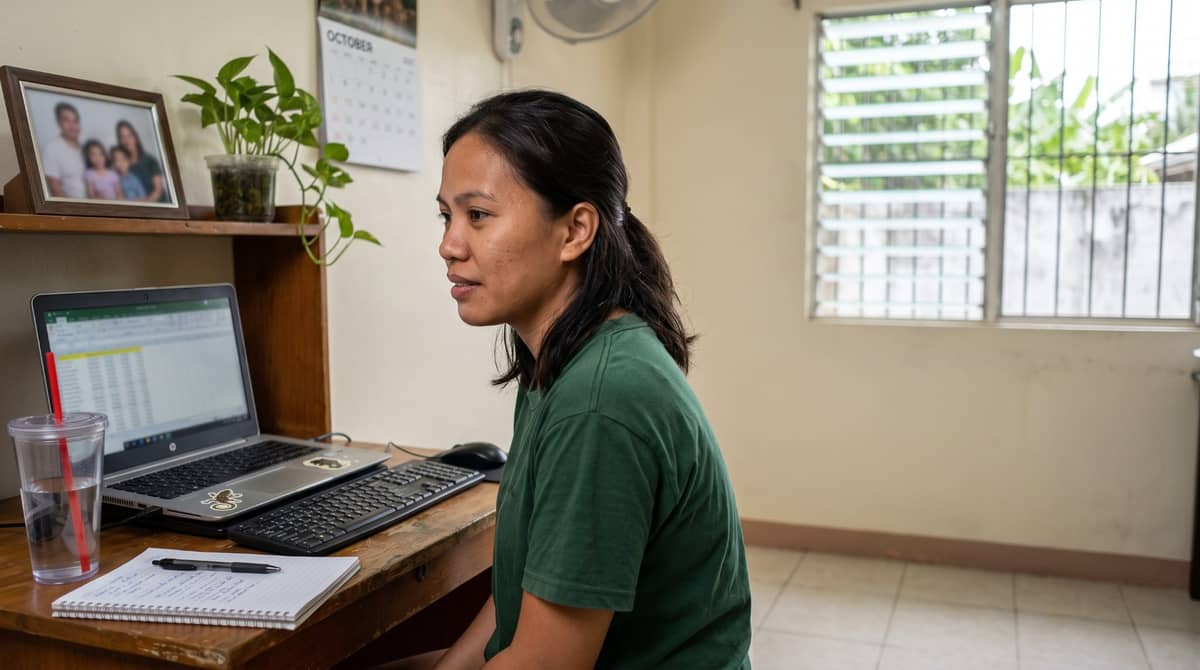A Filipino SEO specialist at a home office desk working through one law firm's site audit on a single monitor.