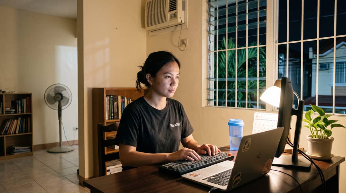 A Filipino legal professional working at night in a home office.