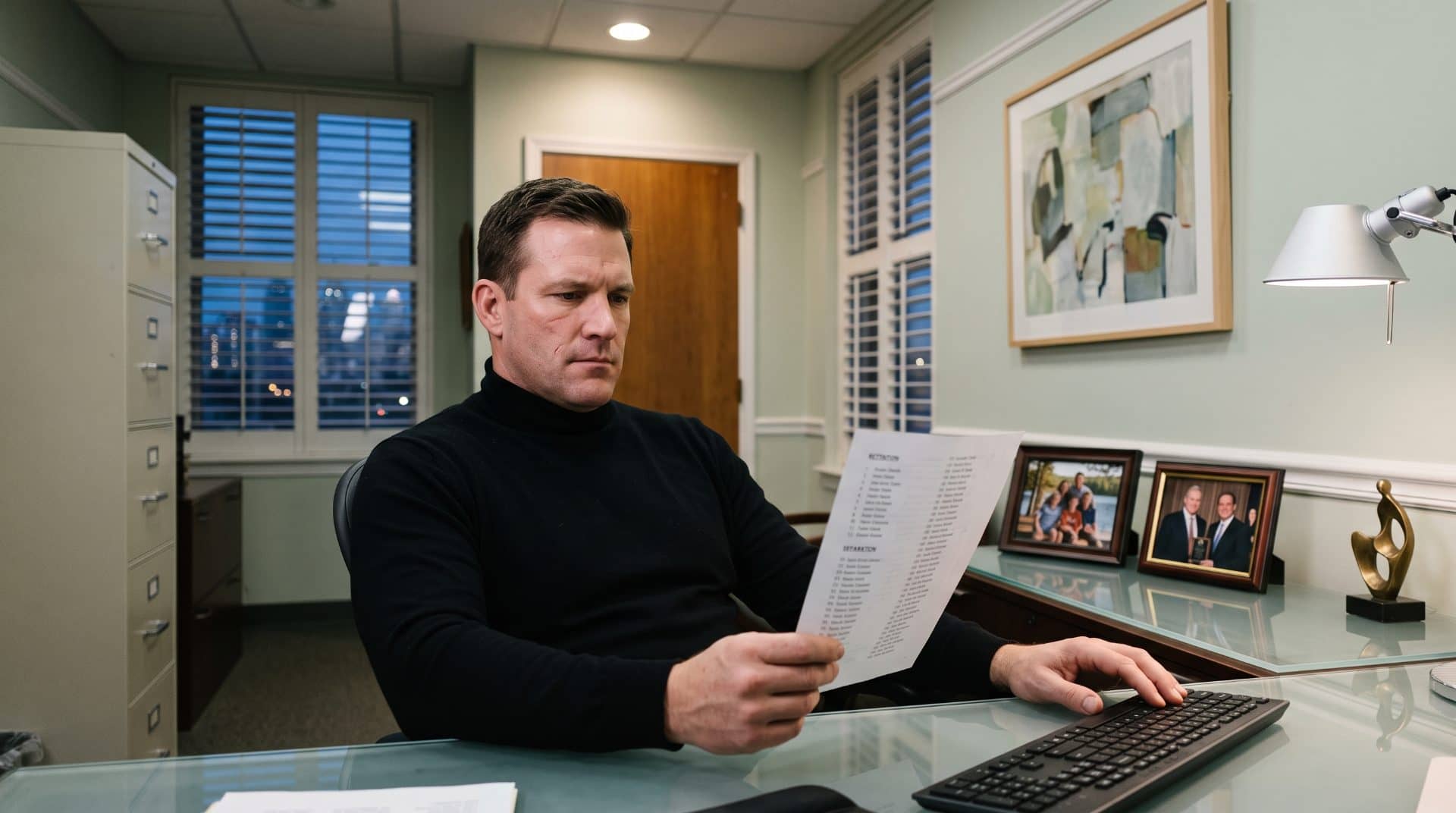 An American man leaning back in a chair in a mid-sized Philadelphia law firm.