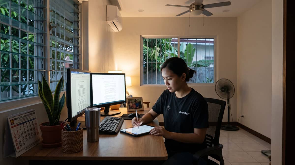 A Filipino legal professional sits at a dedicated desk in a home office at night.