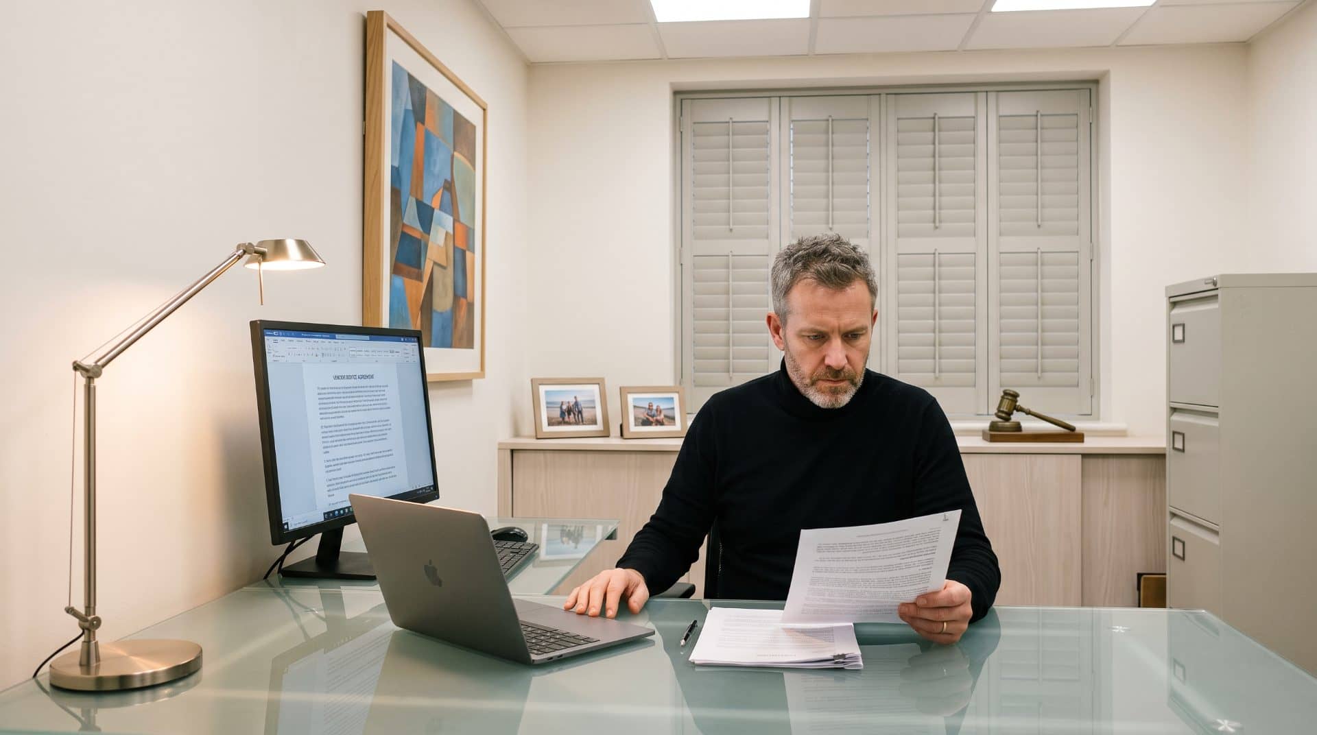 An American man leaning slightly back in his chair in a mid-sized US law firm.