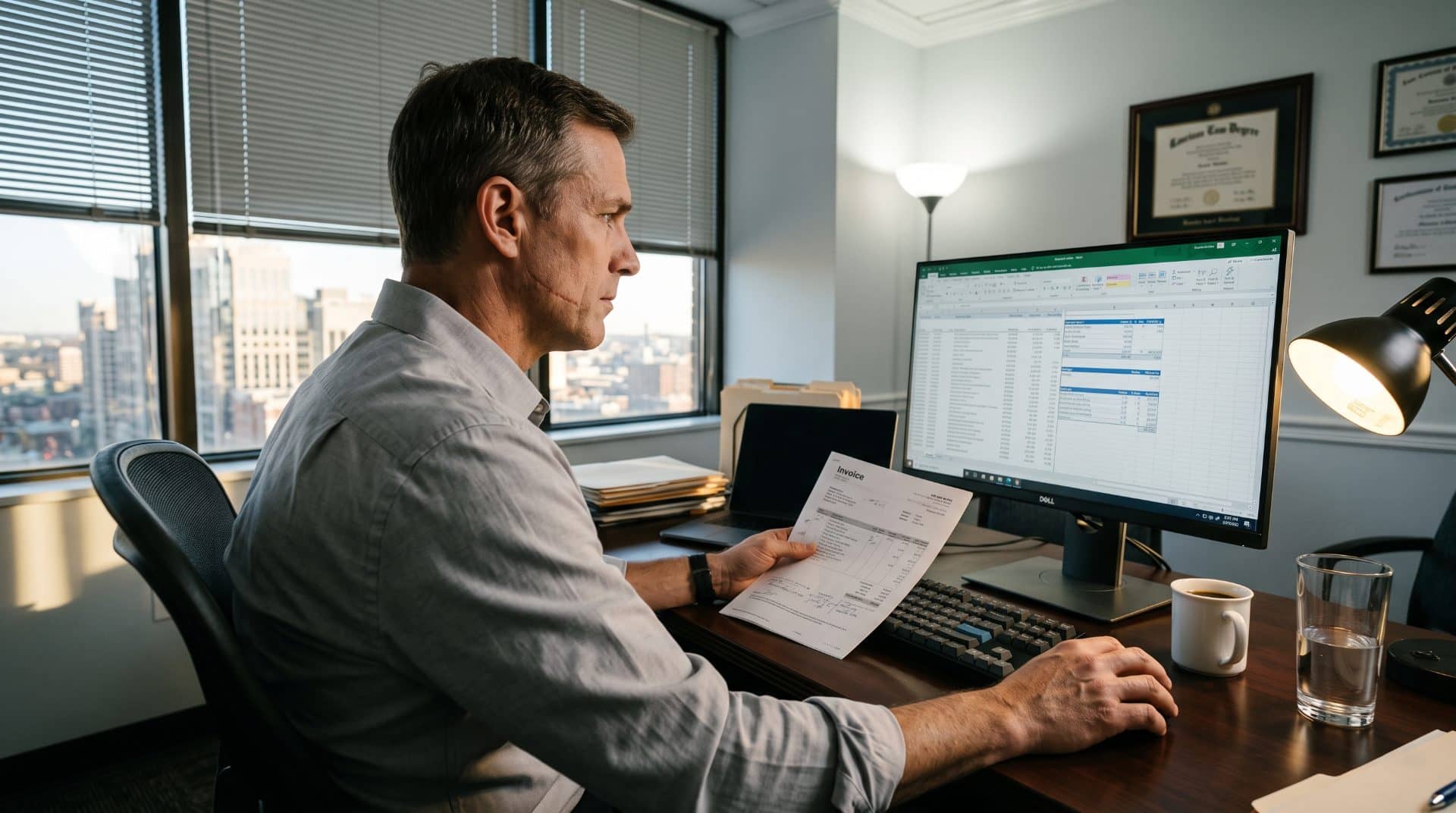 An American man leaning slightly forward in a corner office.
