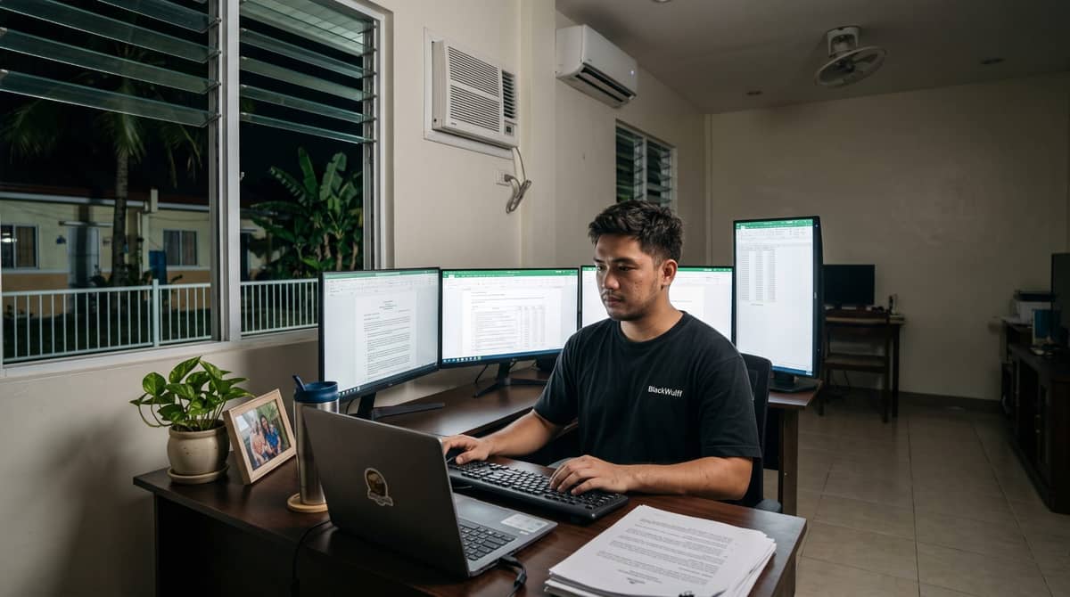 A Filipino professional sits at a dedicated desk in a home office at night.