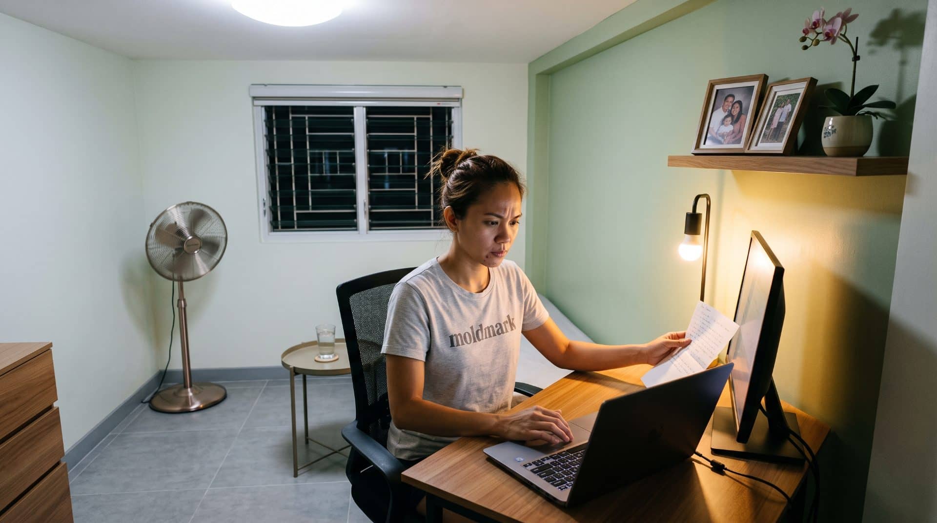 A Filipina woman leaning slightly forward in a modest bedroom corner in Manila.