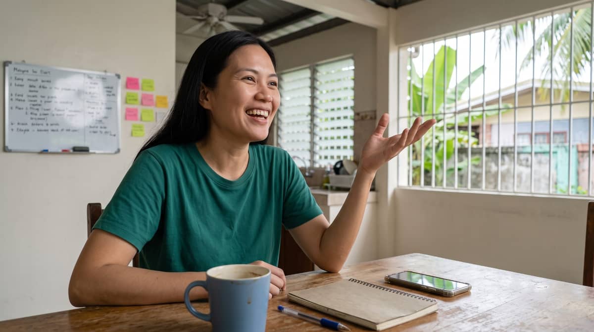 An offshore paralegal laughing and gesturing while explaining something at a kitchen table.