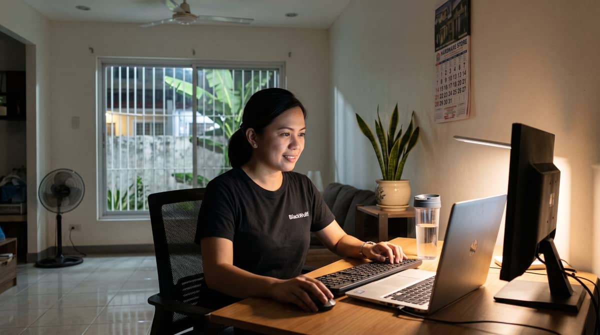 A Filipino paralegal sits at a dedicated desk in her Manila home at night.