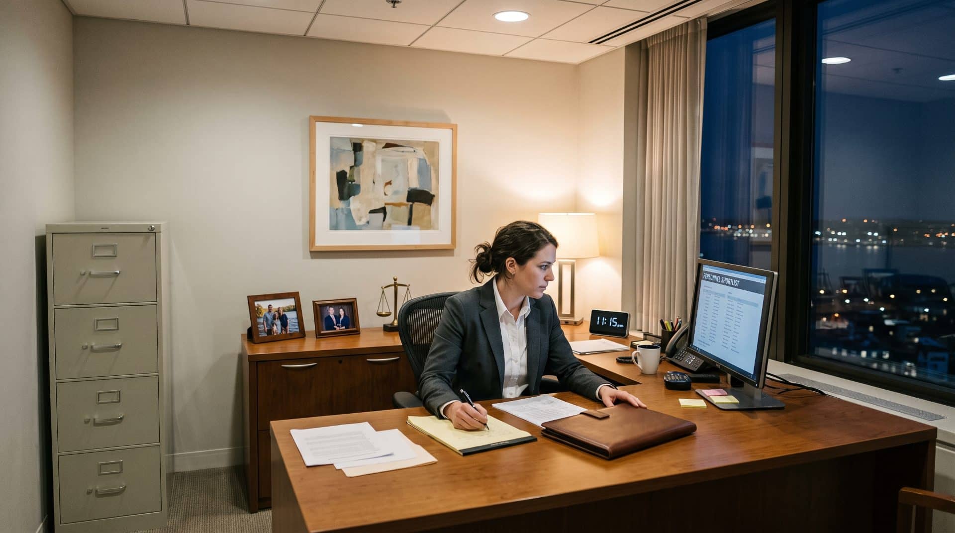An American woman leaning slightly forward in a boutique litigation firm in Boston.