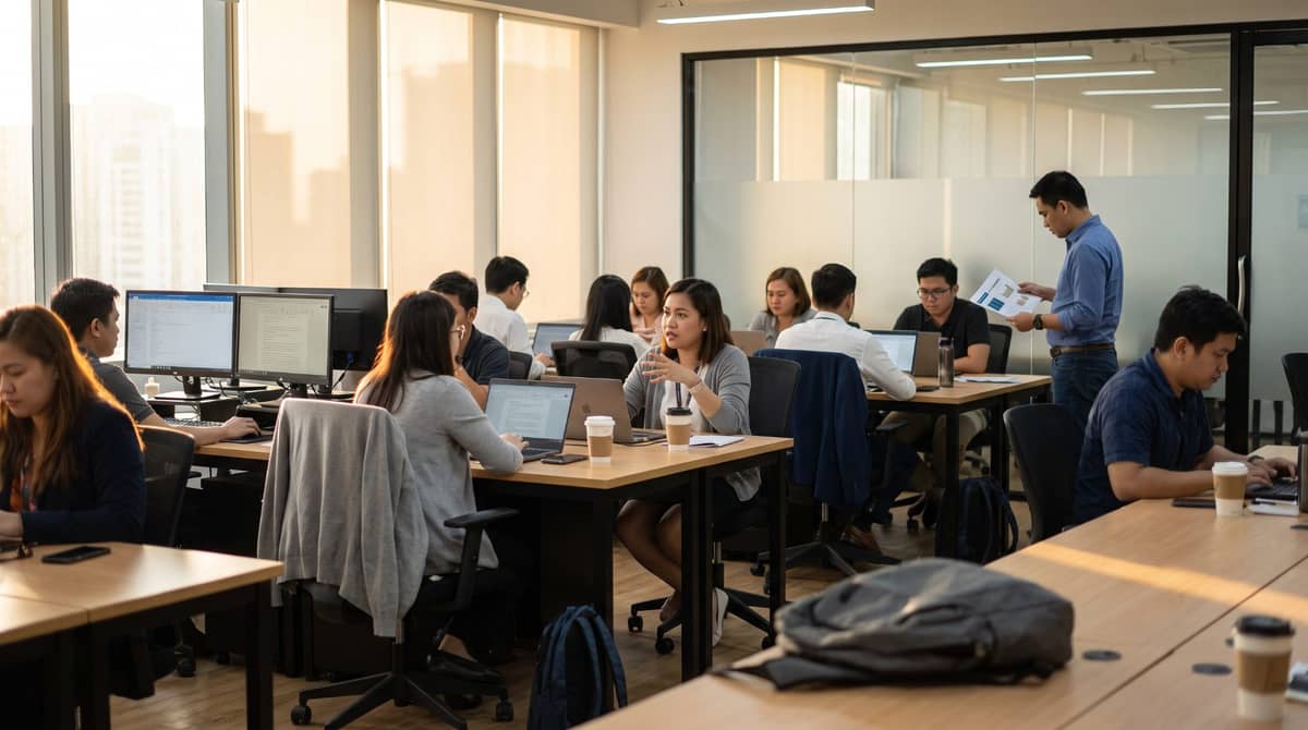 A working room of roughly twelve Filipino professionals at their own desks in a modern shared workspace.