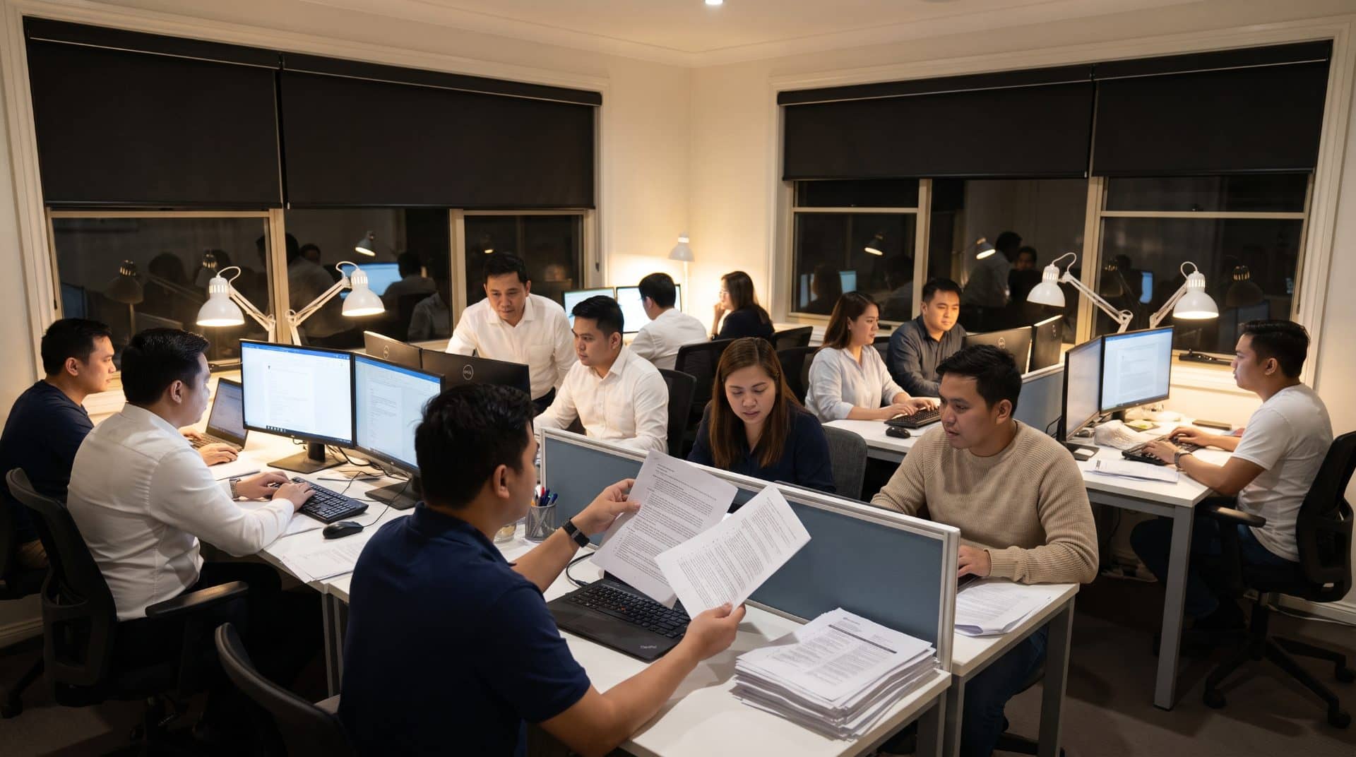 Filipino paralegals reviewing printed documents at their desks in an open-plan office at night.