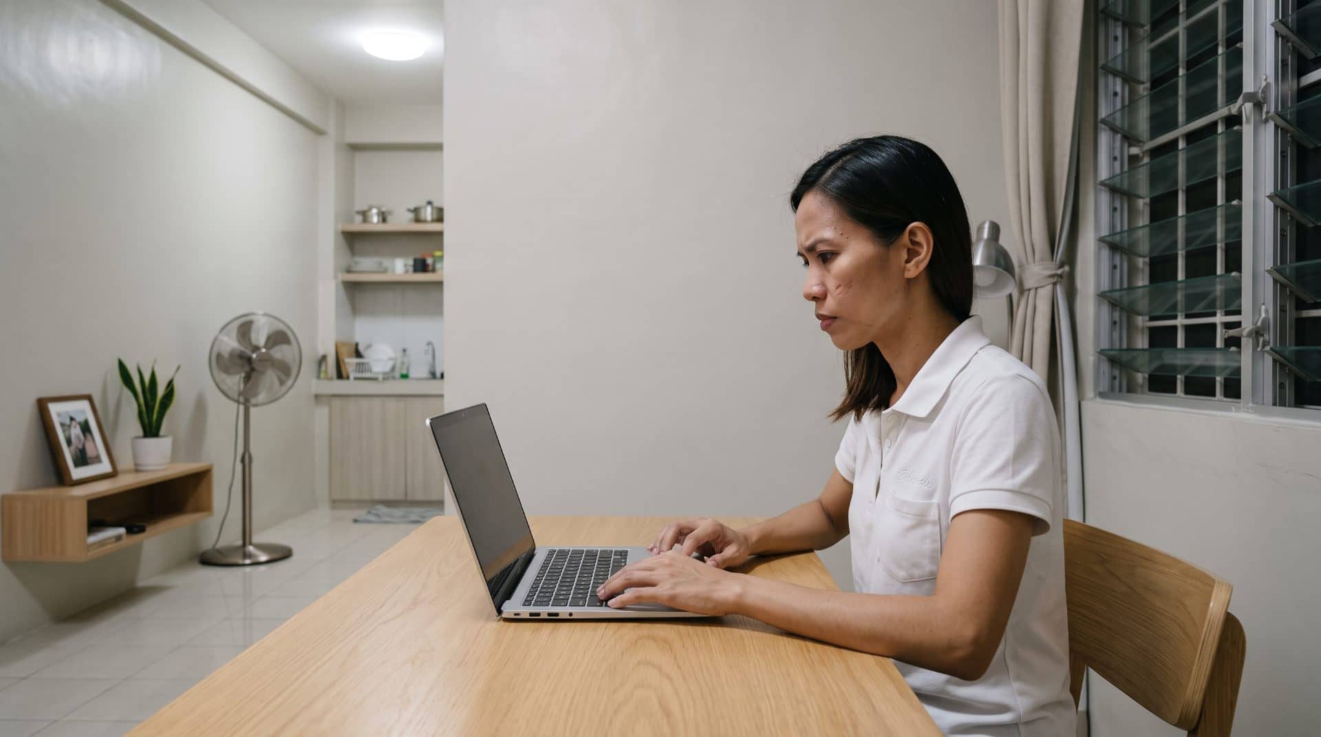A Filipina woman upright in a chair in a modest converted corner of studio unit in the Philippines.