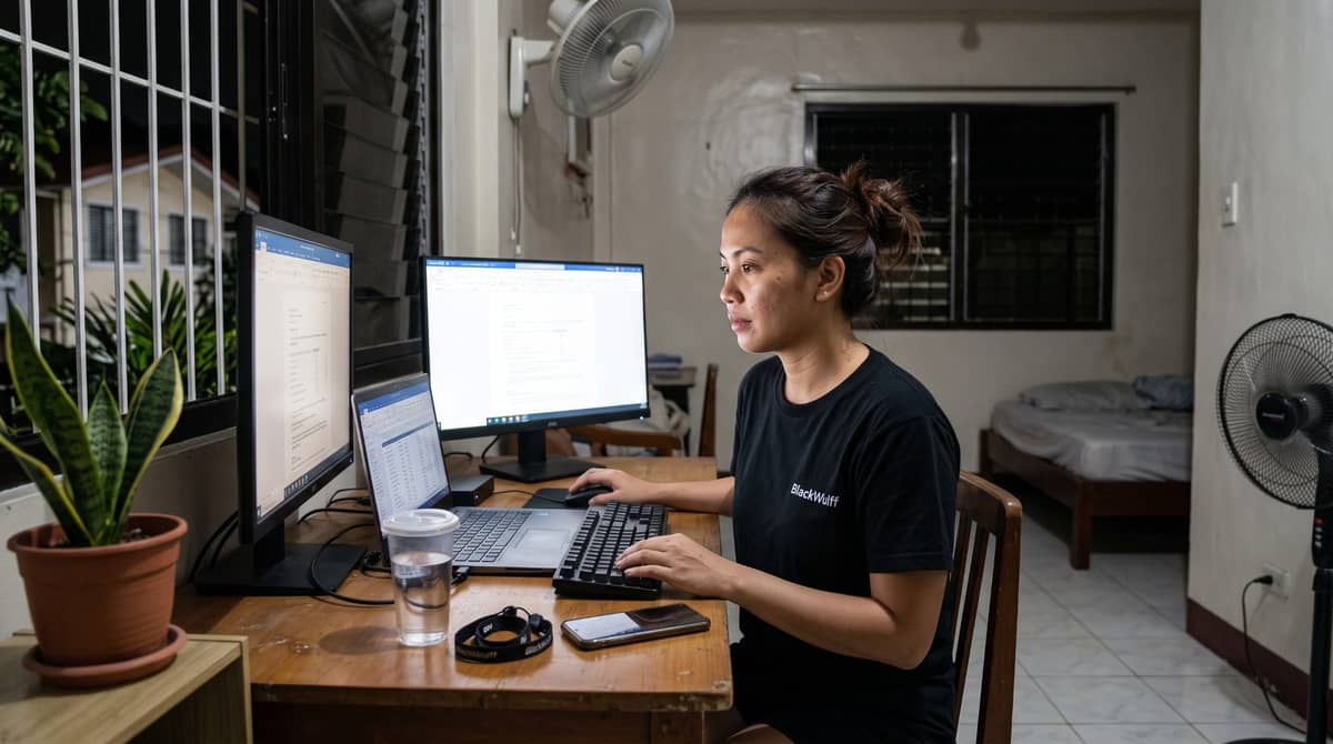 A Filipino legal professional sits at a dedicated desk in her home office at night.