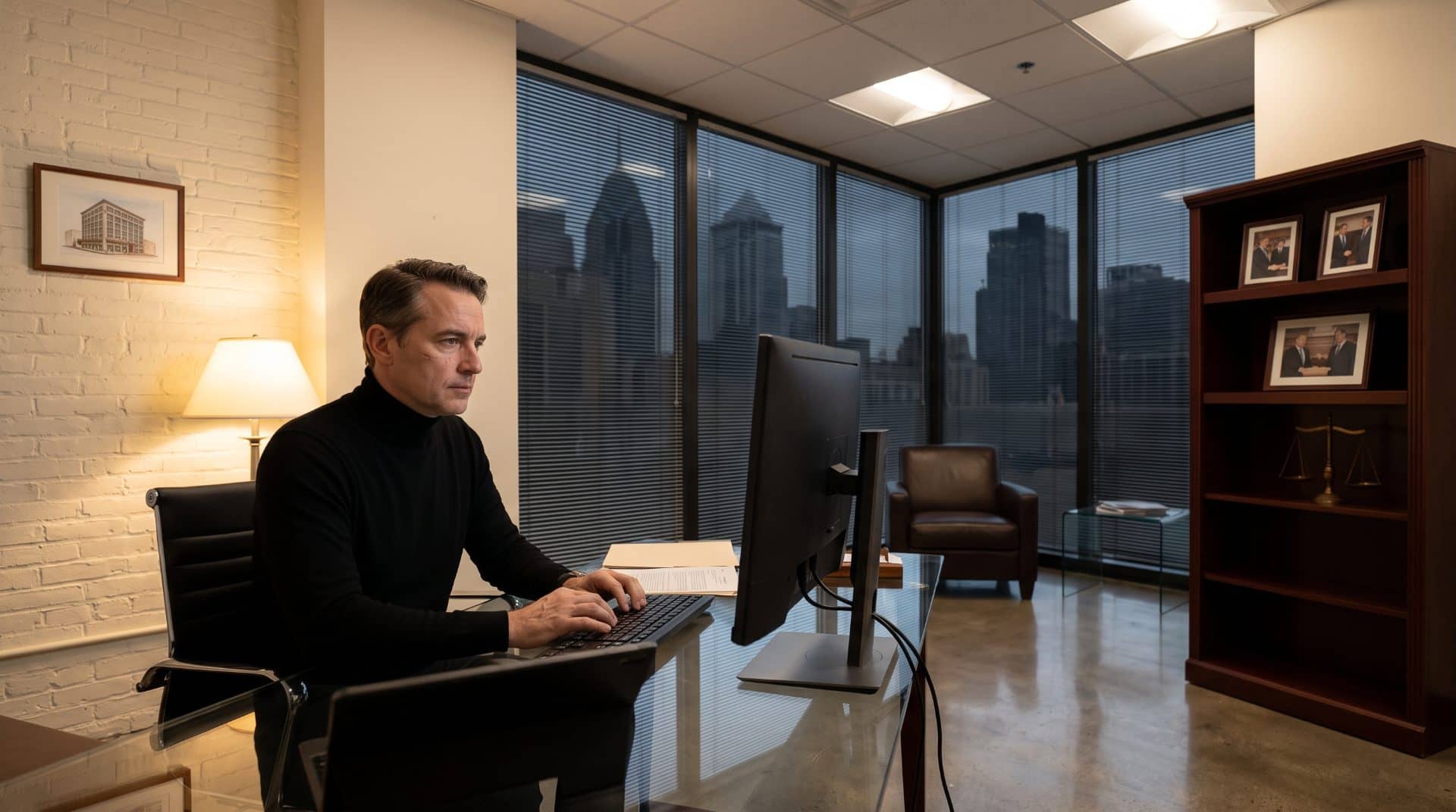 An American man leaning slightly forward in a corner office.