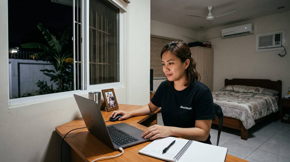 A Filipino remote legal professional sits at a modest home desk at night.