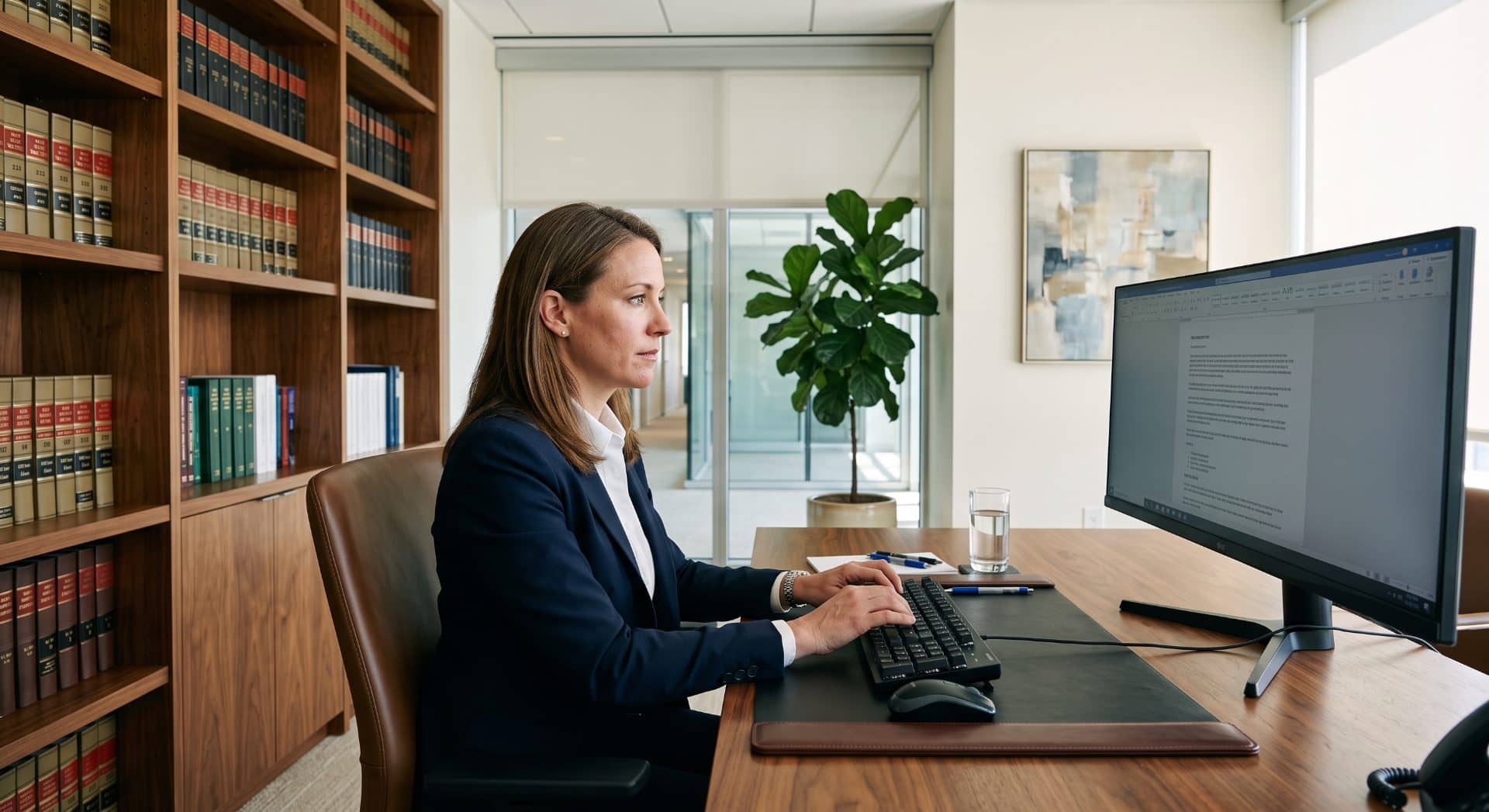 An attorney at their desk in a back office with a high window to an alley, looking up from the screen.