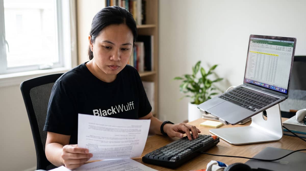 A Filipino paralegal in her early thirties at a home office desk.