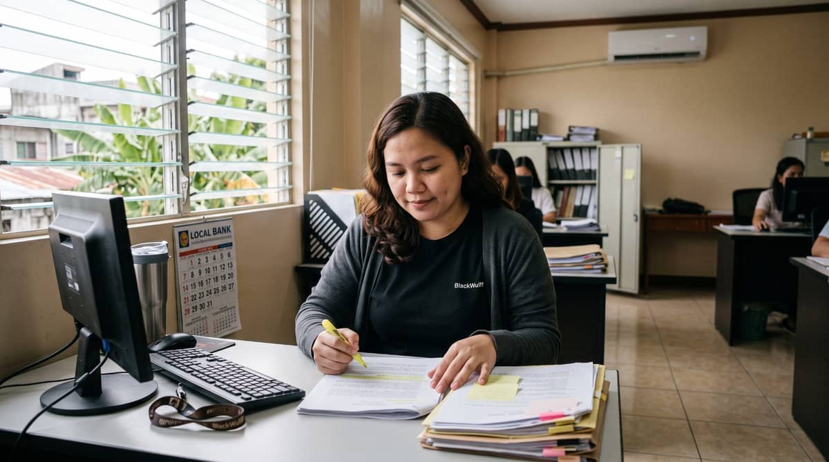 A Filipino lawyer or paralegal seated at a desk in a law office.