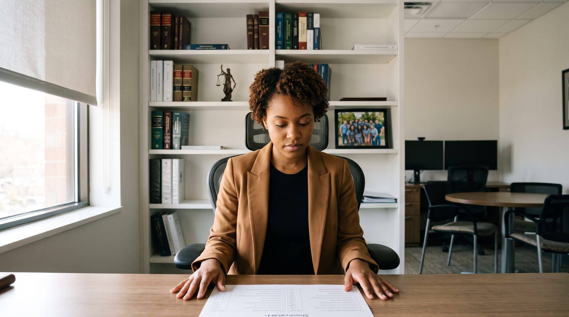 An American woman with both hands resting on a desk surface in a mid-sized law firm office in Austin.