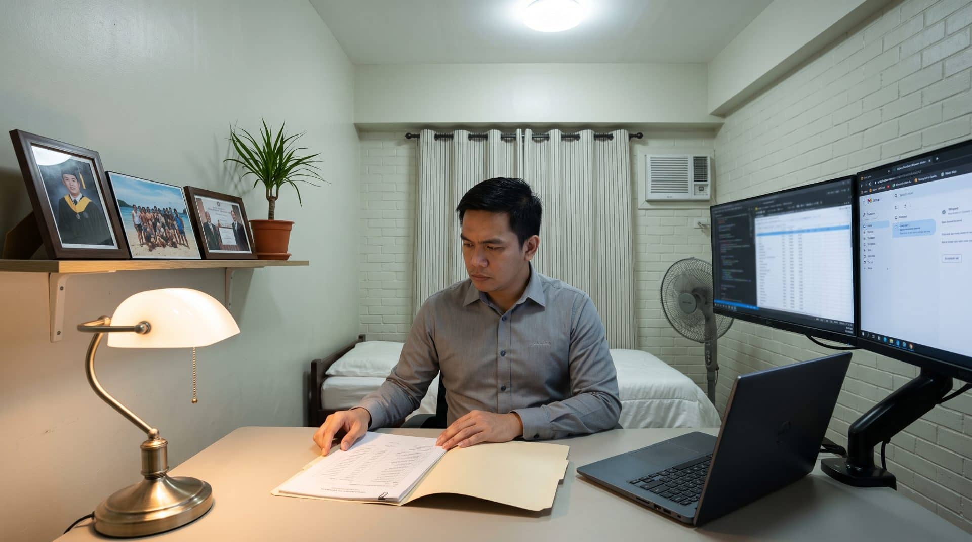 A Filipino man leaning slightly forward in a modest dining table workspace in Makati.