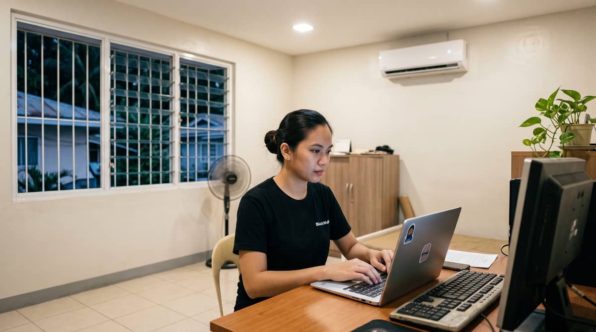 A Filipino professional woman working at a laptop at a desk in her home office in the evening.