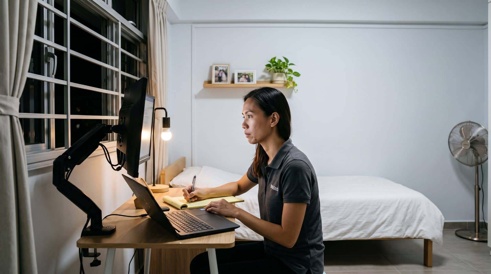 A Filipina woman leaning intently forward in a modest bedroom workspace in Manila.