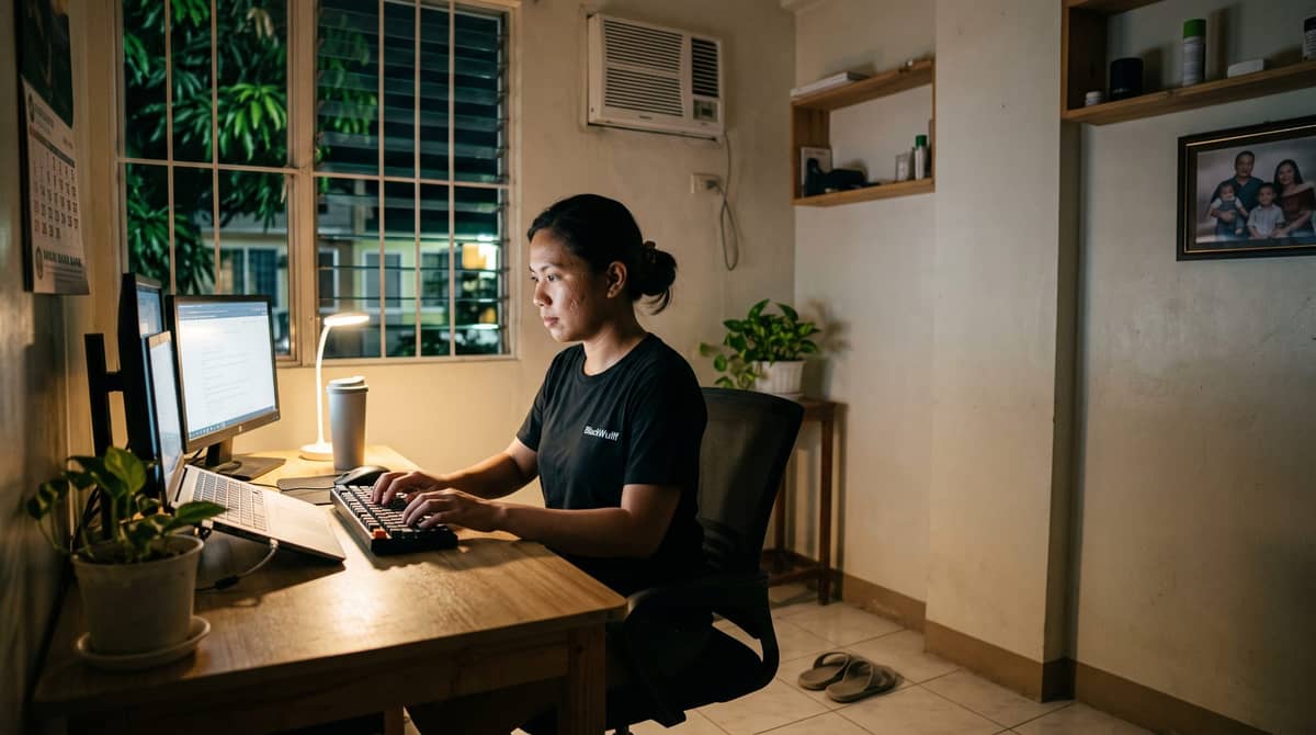 A Filipino woman working late at night at a dedicated desk in her Manila home.