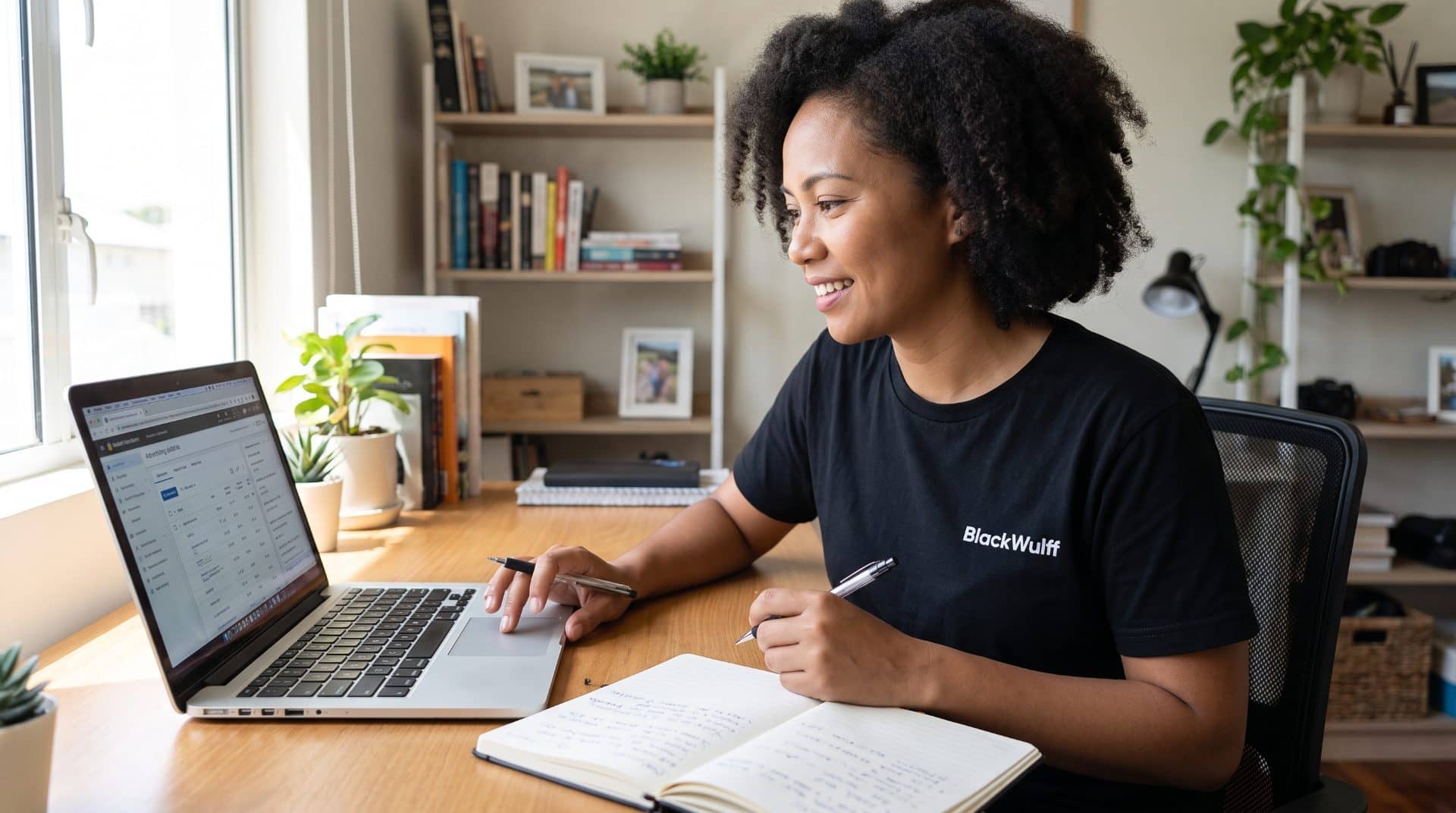 A Filipino digital marketing specialist reviewing campaign settings on a laptop while taking notes on paper beside the keyboard.