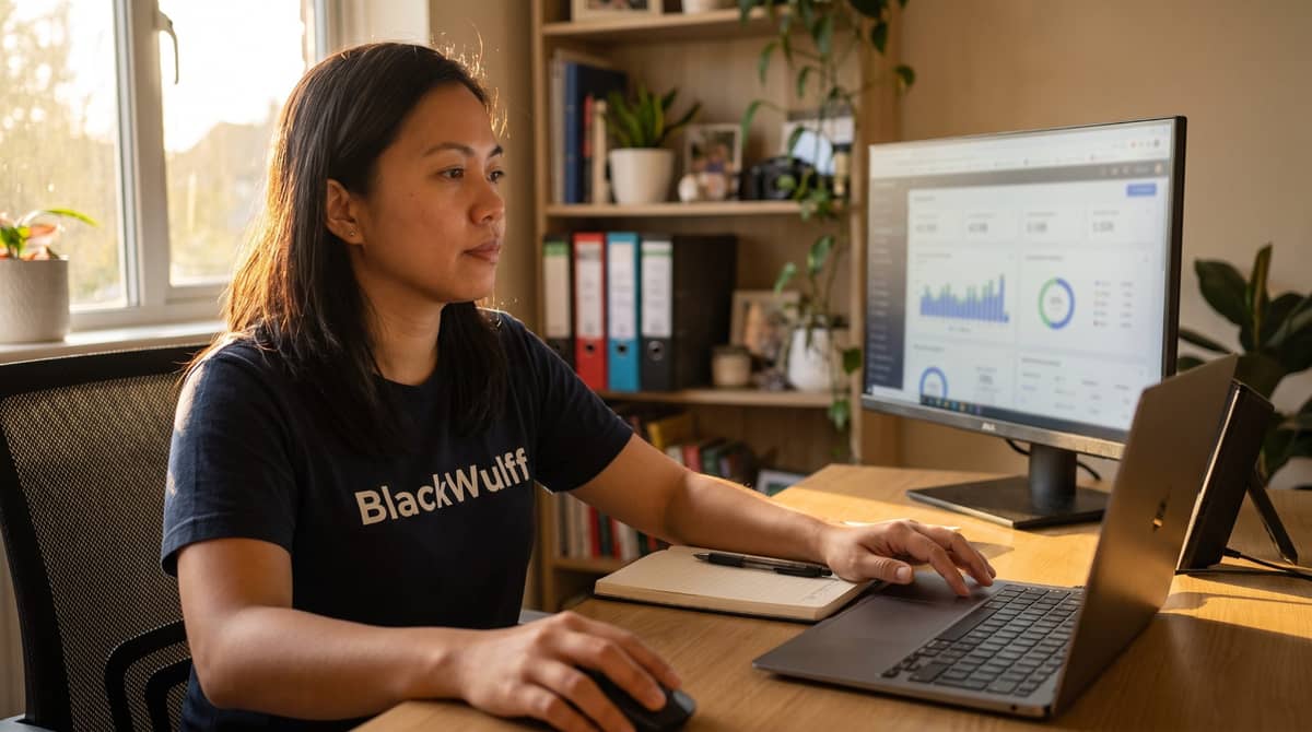 A Filipino PPC specialist at a home office desk in late afternoon light.