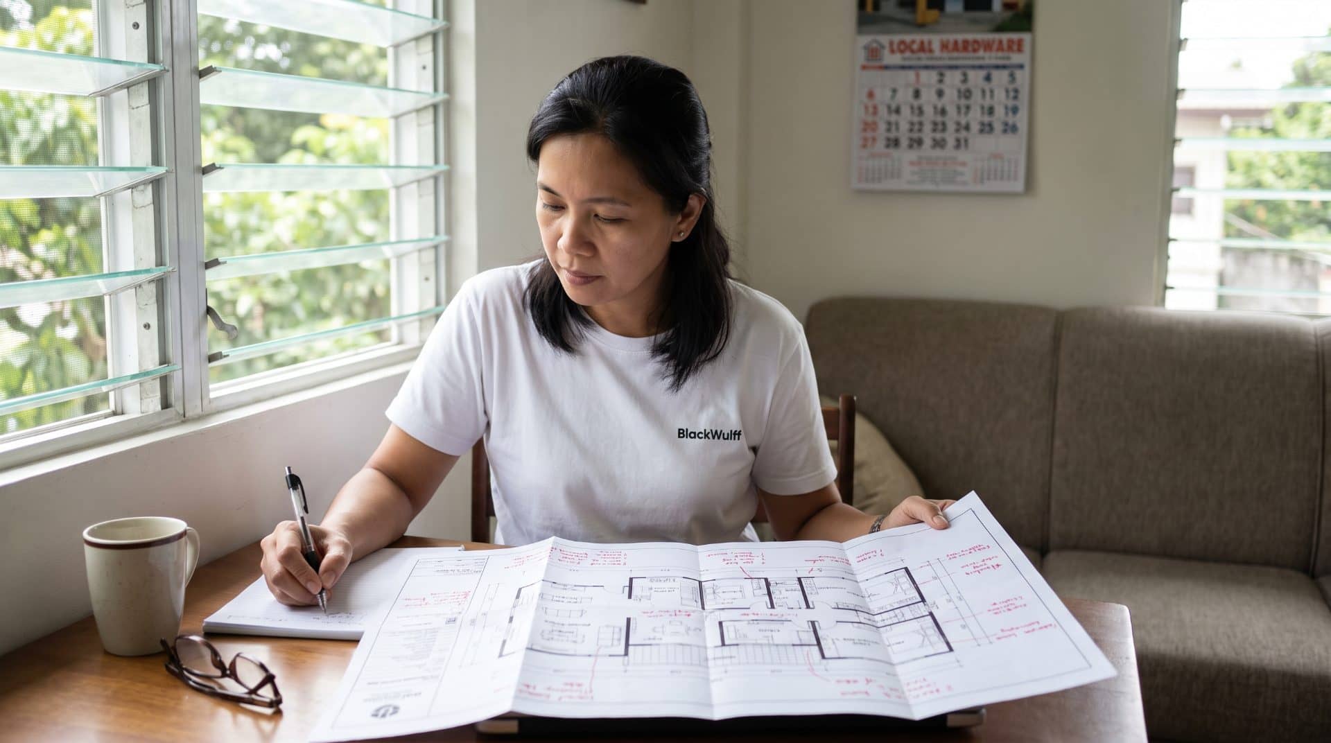 A Filipino leasing manager at a home desk marking up a printed office floor plan in red pen.