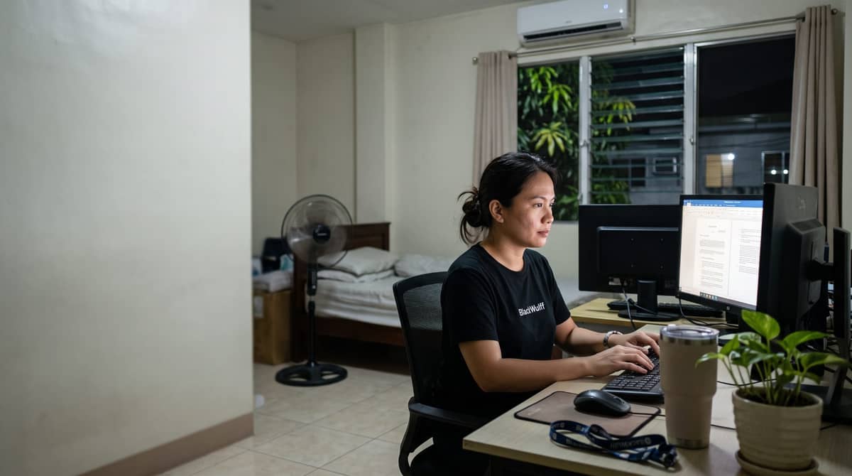 A Filipino paralegal sits at a dedicated desk in her Manila home late at night.