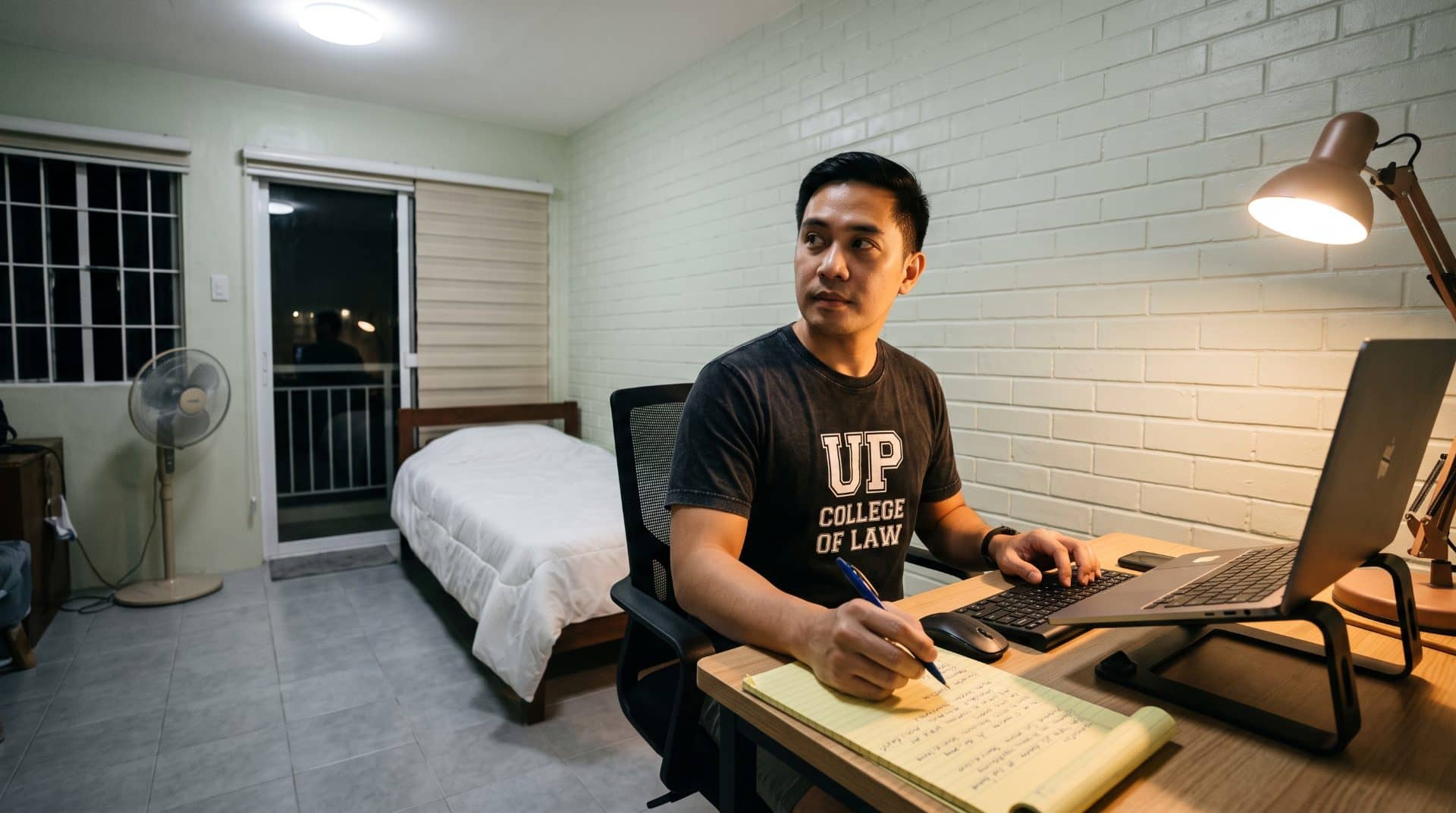 A Filipino man, one hand poised on the keyboard in a modest bedroom workspace in Manila.