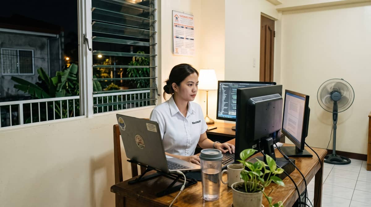 A Filipino paralegal works late at night at a dedicated desk in her home office in Manila.