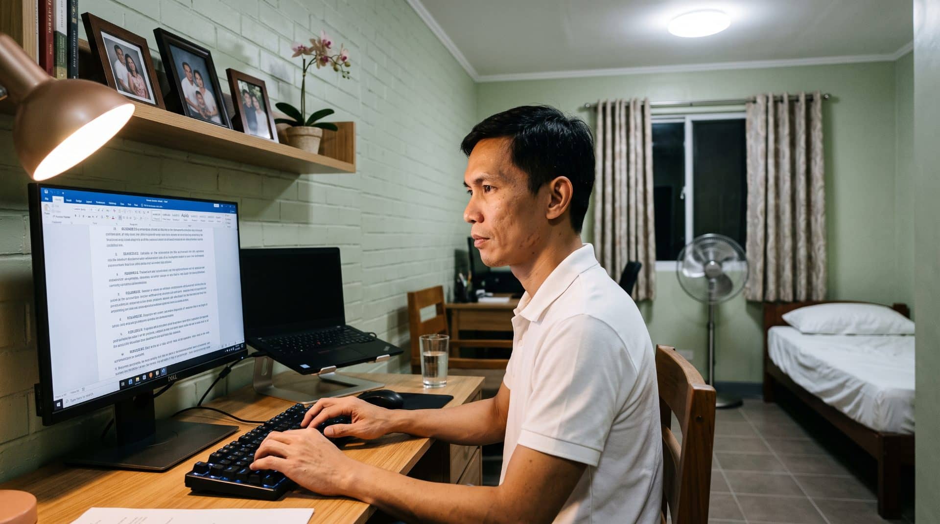 A Filipino man leaning slightly forward in a long narrow home office in Manila.